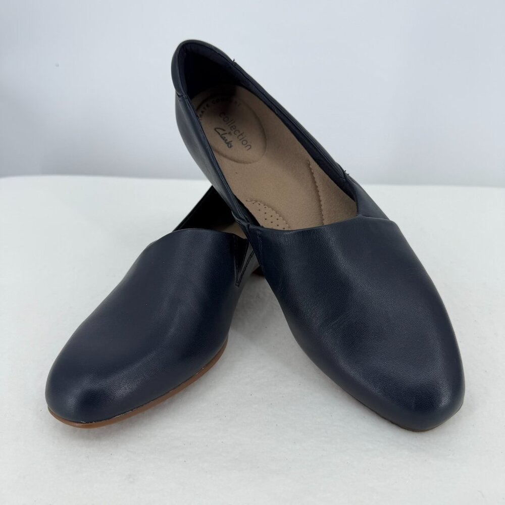 Clarks Collection Juliet Palm Blue Leather Slip-On Loafers - Comfort Flats 7.5M